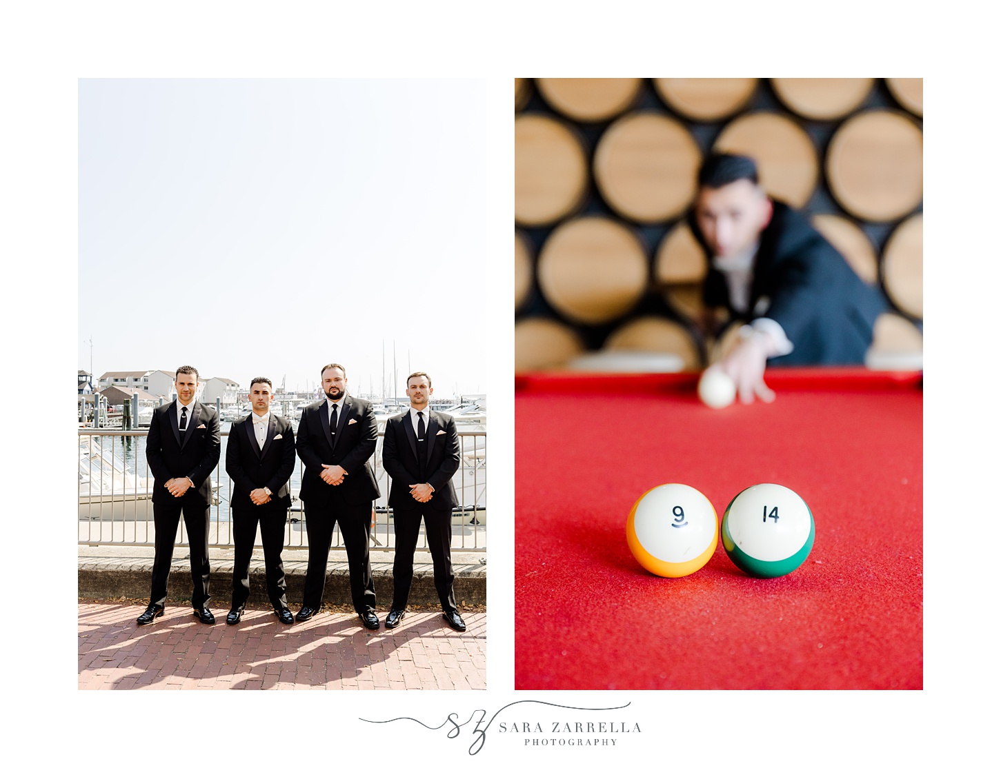 groom stands on balcony outside Rhode Island hotel while groom shoots pool