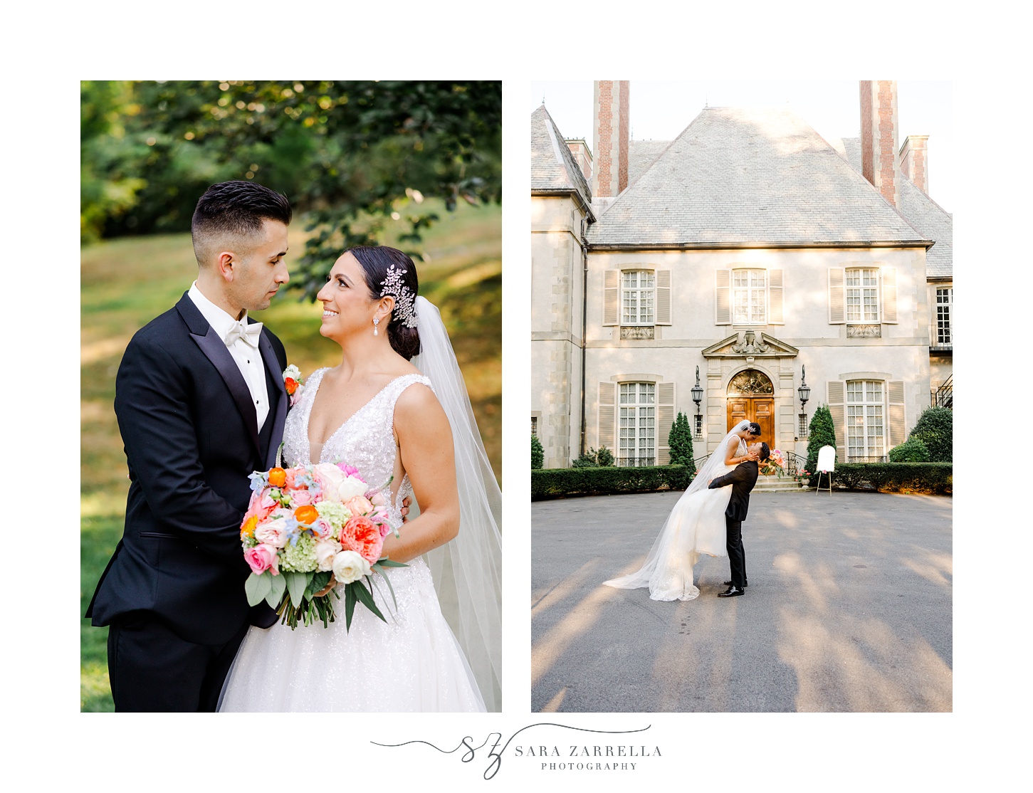 bride and groom smile at each other in front of manor house