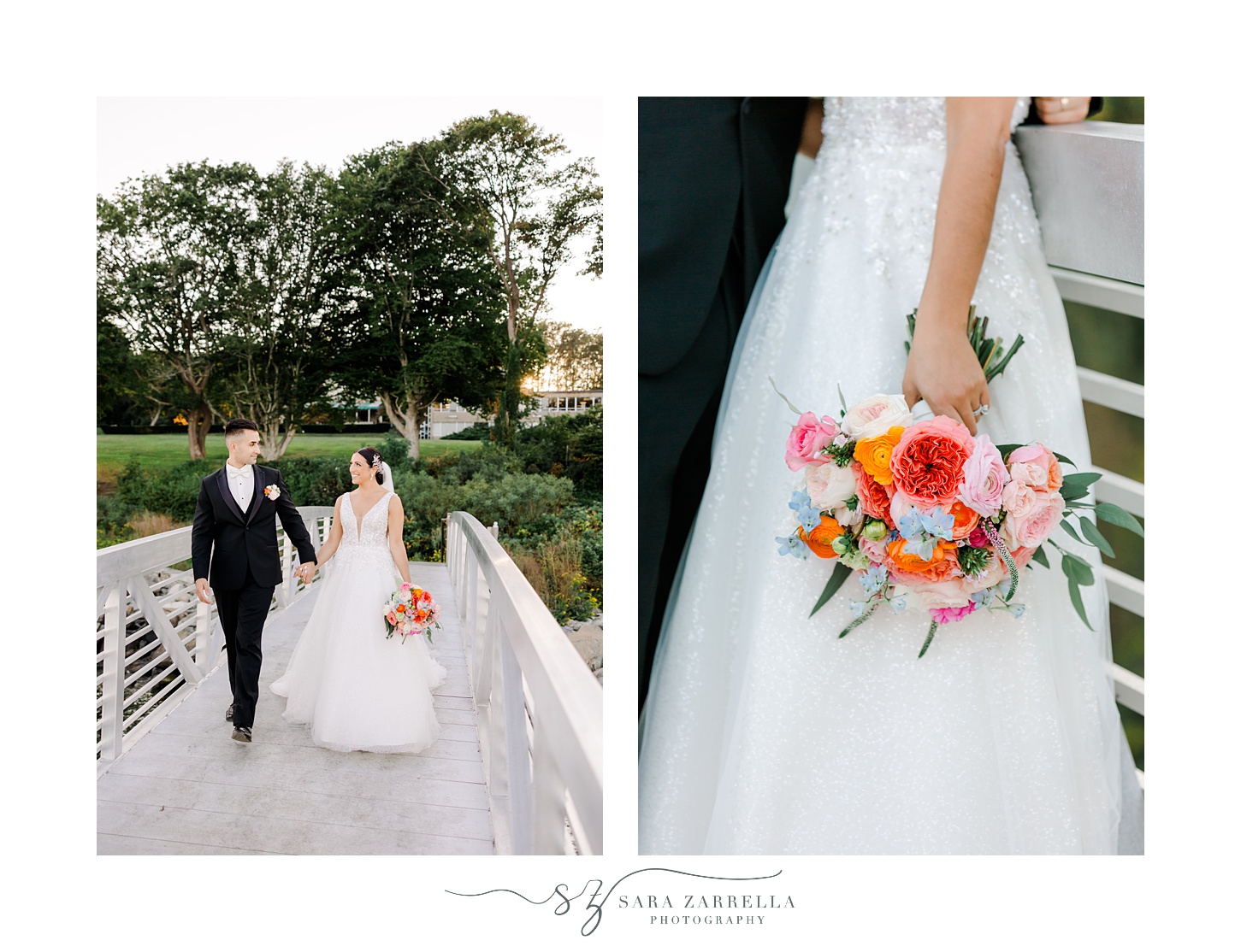 bride and groom lean against railing on dock showing off bride's bright bouquet