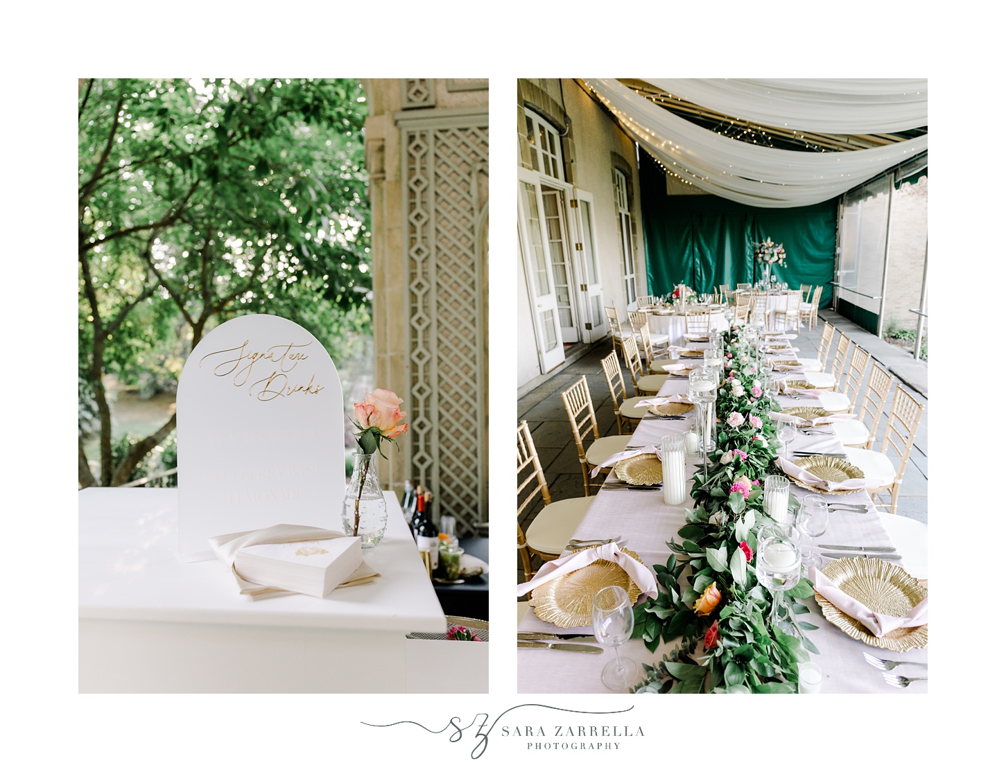 English garden inspired wedding reception with acrylic signs, greenery and bright flowers