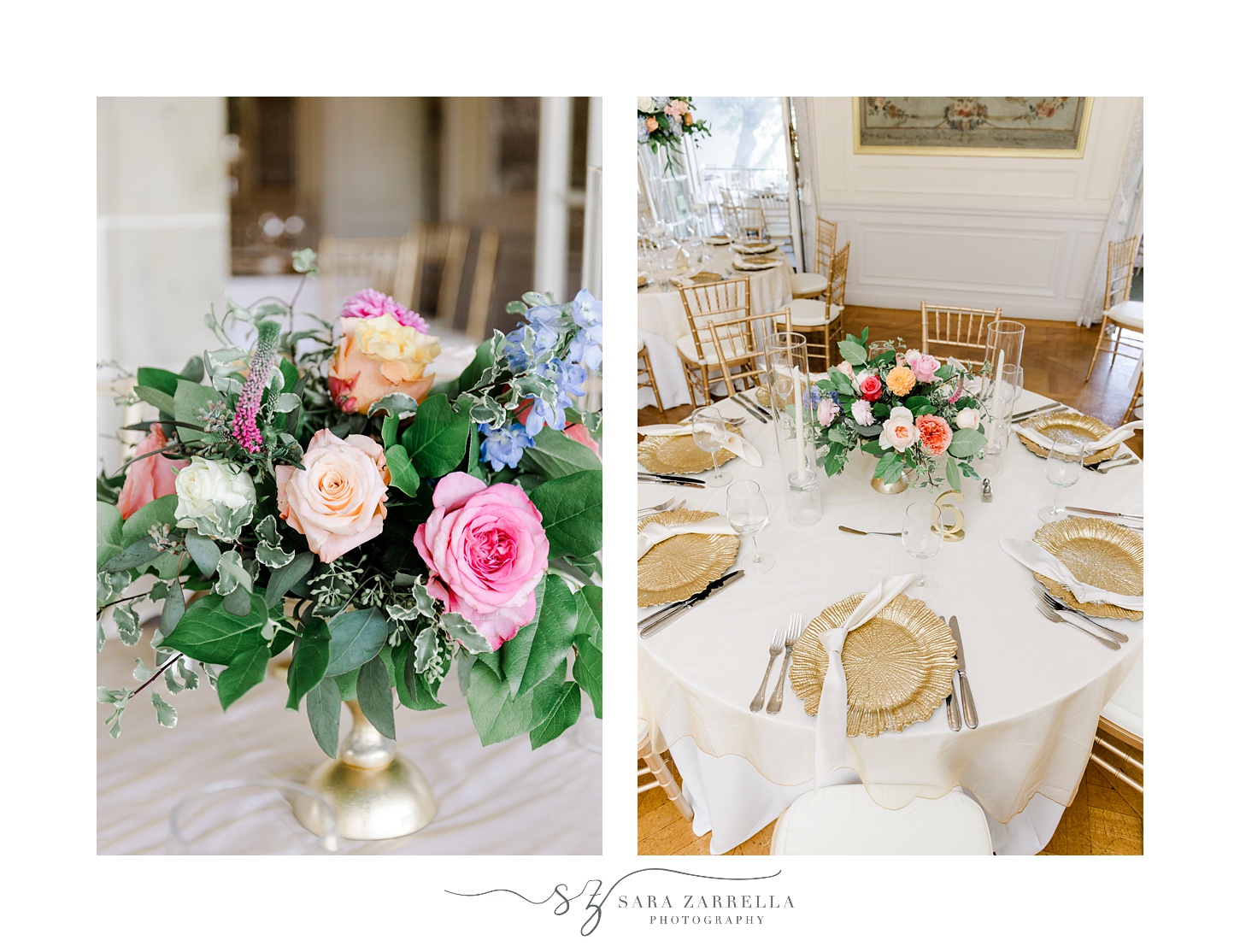 English garden inspired wedding reception with bright florals in gold vase