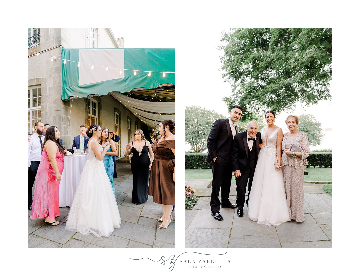 bride mingles with guests on the patio at Glen Manor House