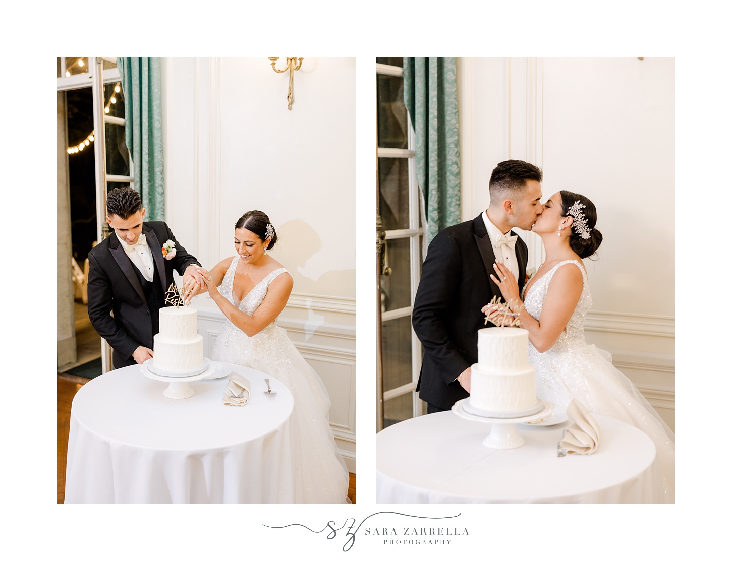 bride and groom kiss by cake on cutting table in Rhode Island