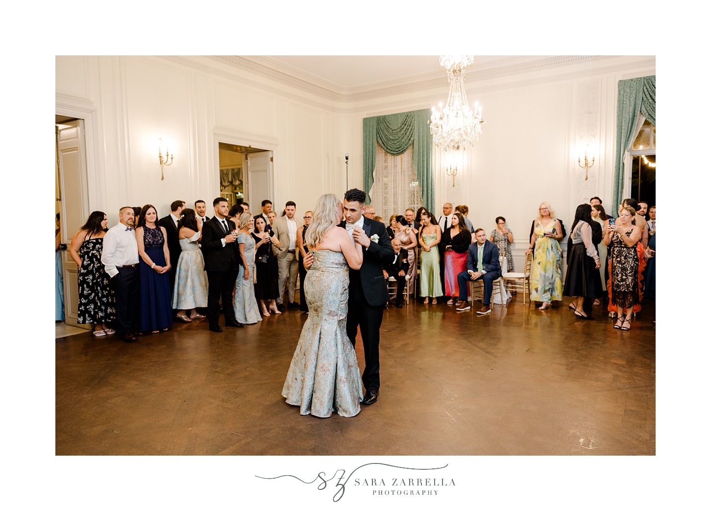 groom dances with mother during wedding reception in Rhode Island