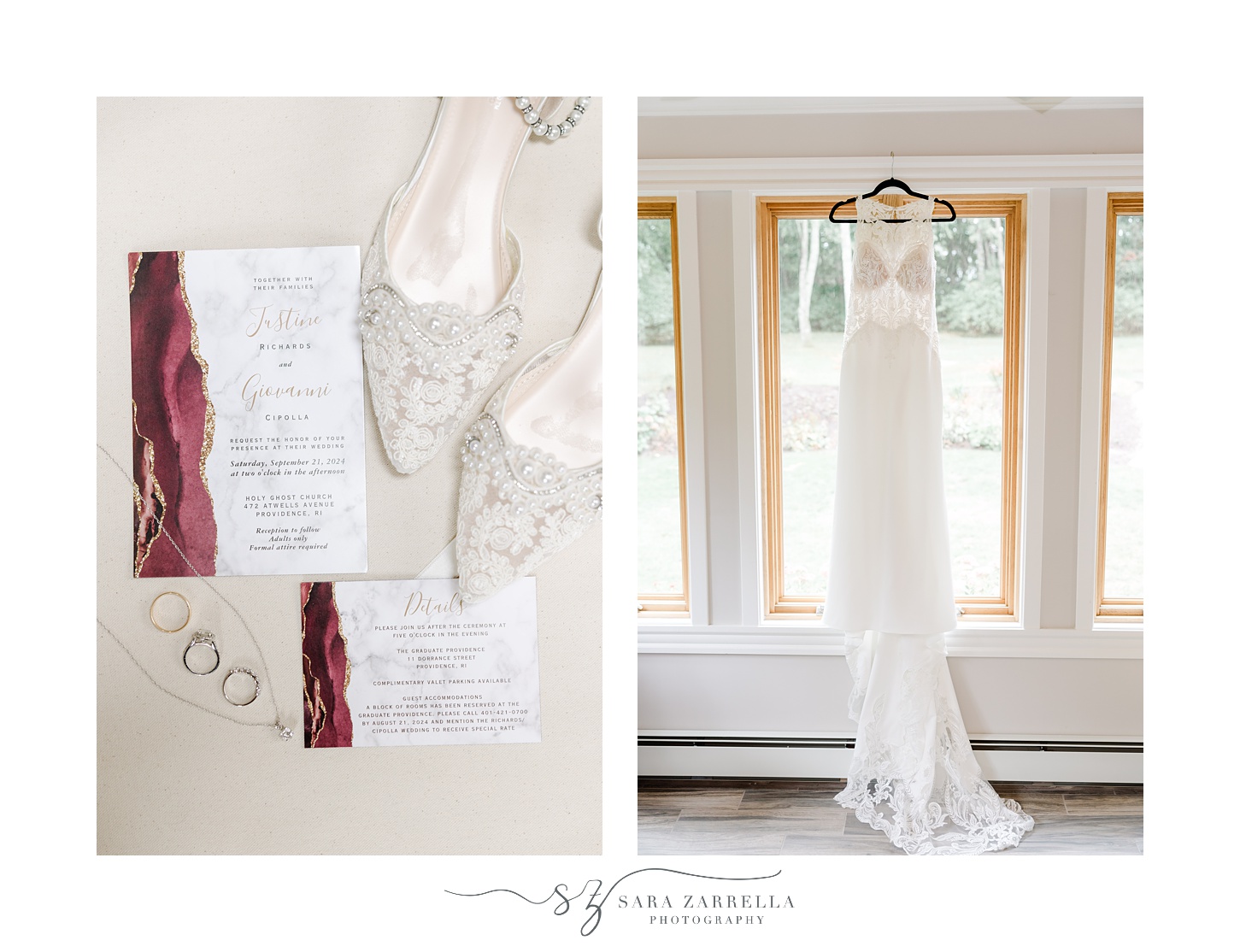 bride's dress hangs in Providence RI home with invitation suite featuring burgundy side