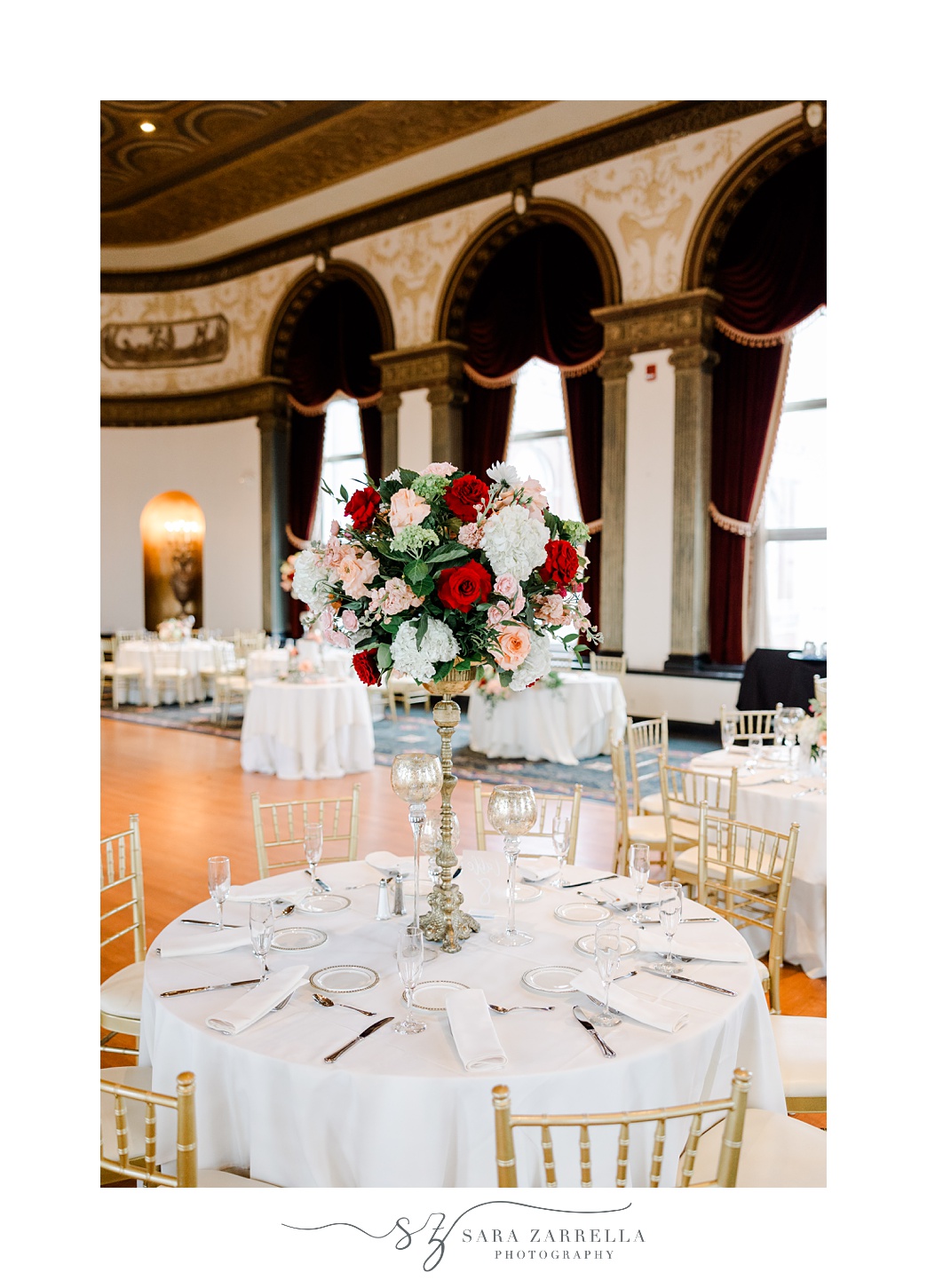 tall floral centerpieces in ballroom at the Graduate Providence
