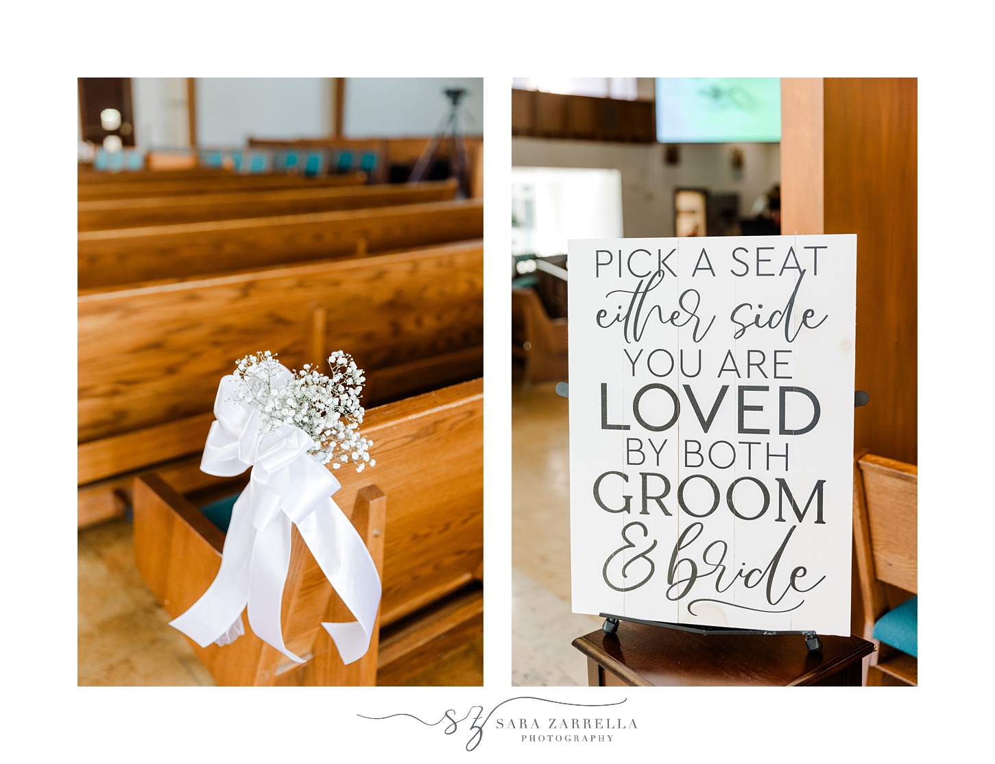 baby's breath and white bow rest on end of wooden pews inside Saint John Vianney Parish
