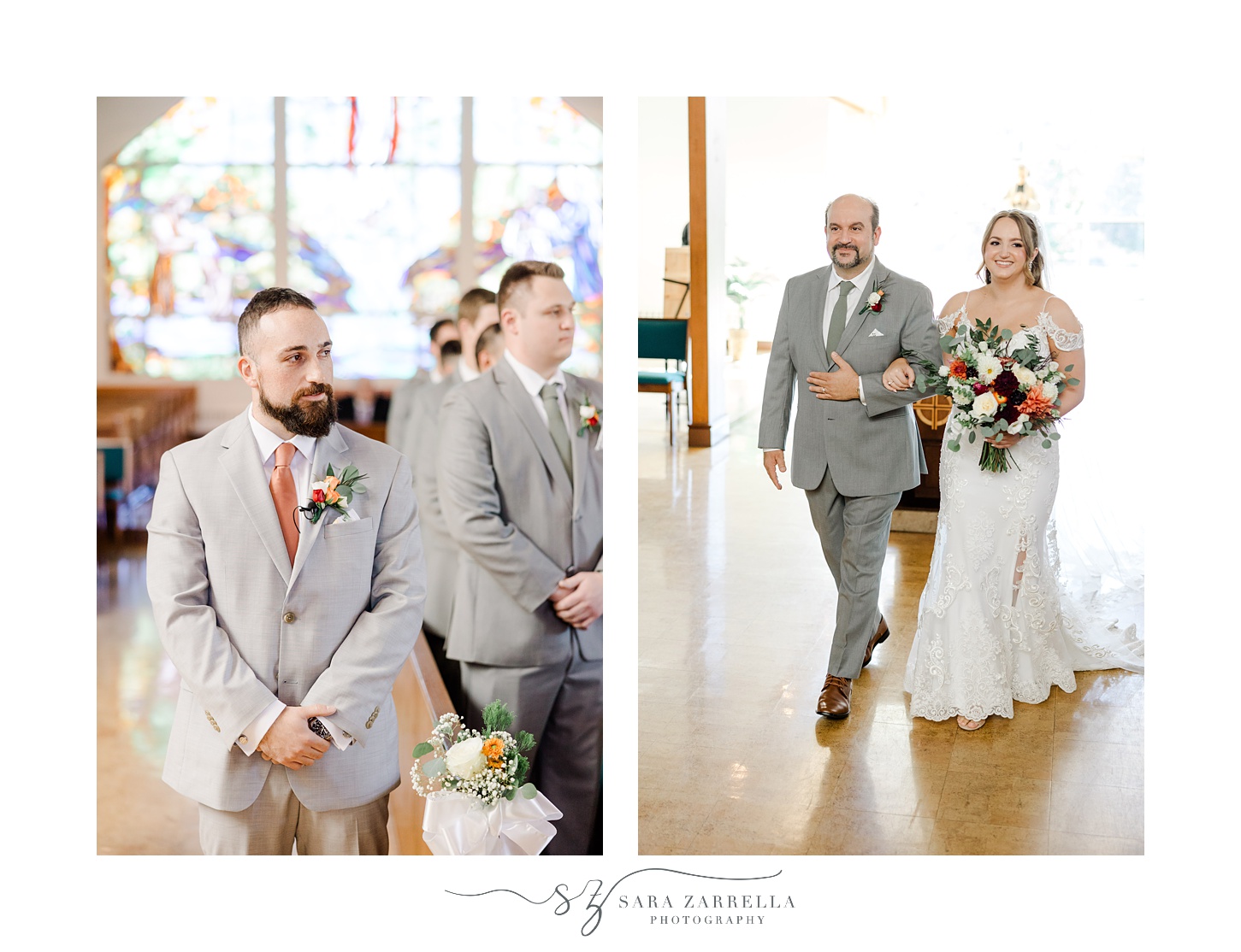 bride and father walk down the aisle inside Saint John Vianney Parish