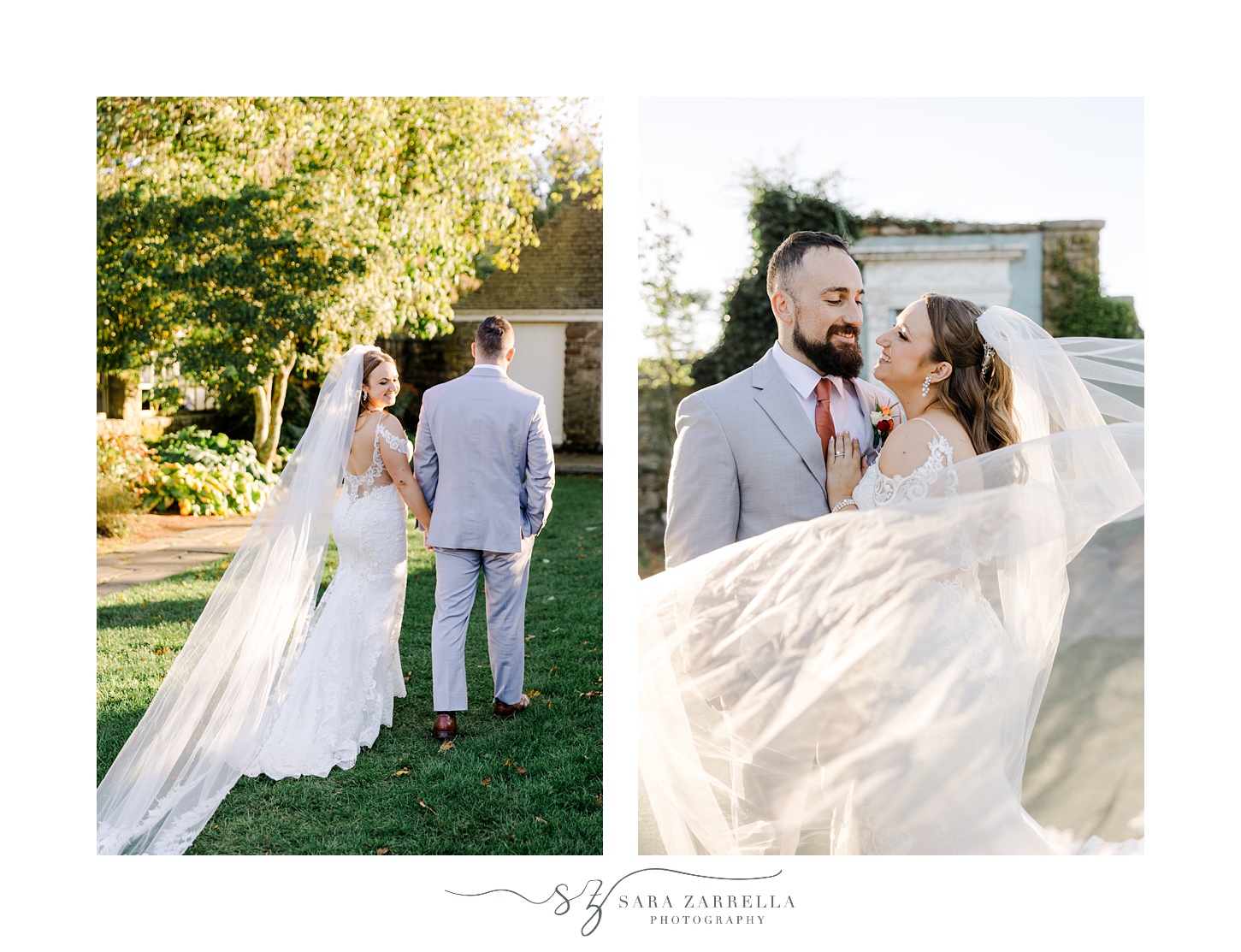 bride and groom hold hands walking on lawn while turning to look over shoulder