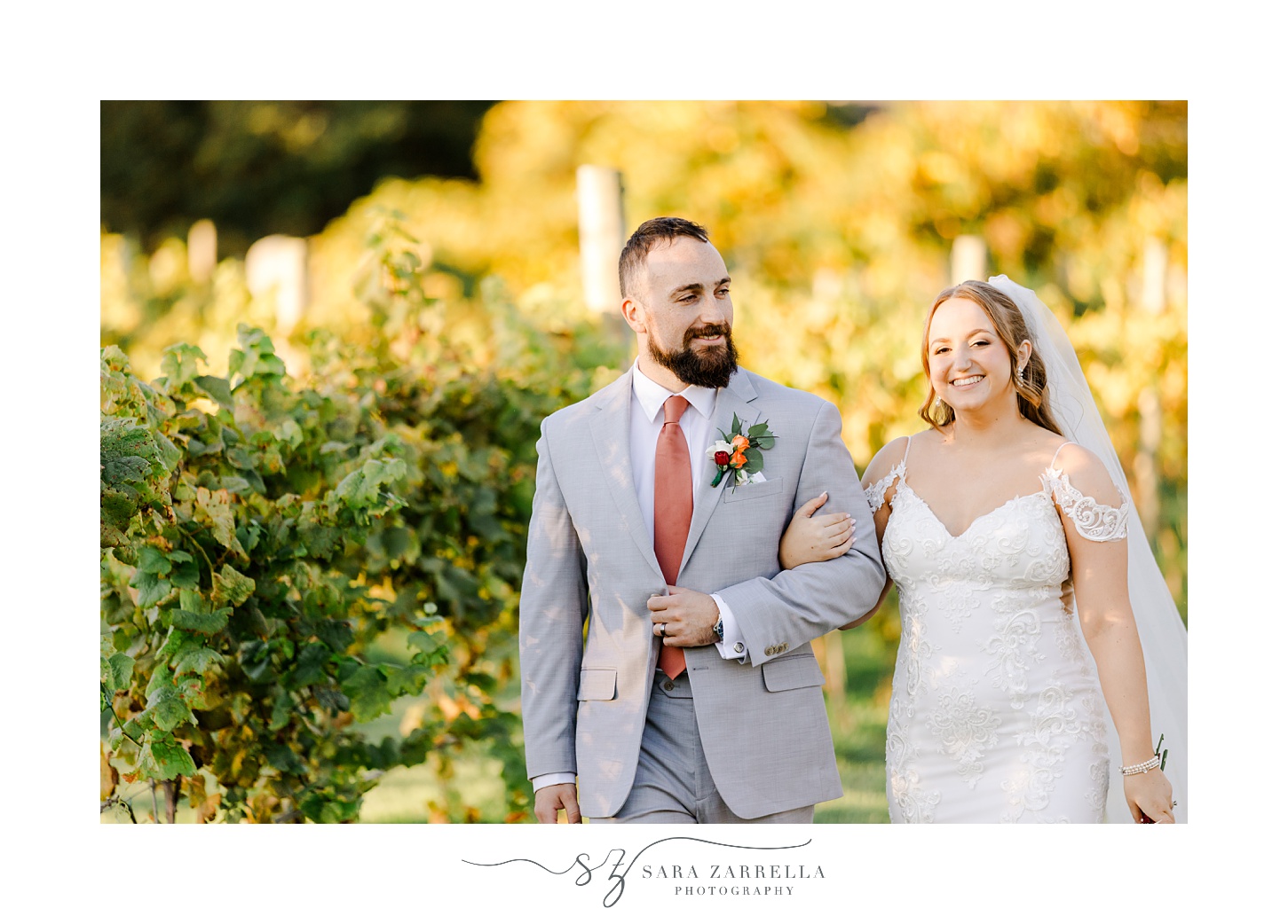 groom escorts bride through vineyard at Shepard's Run