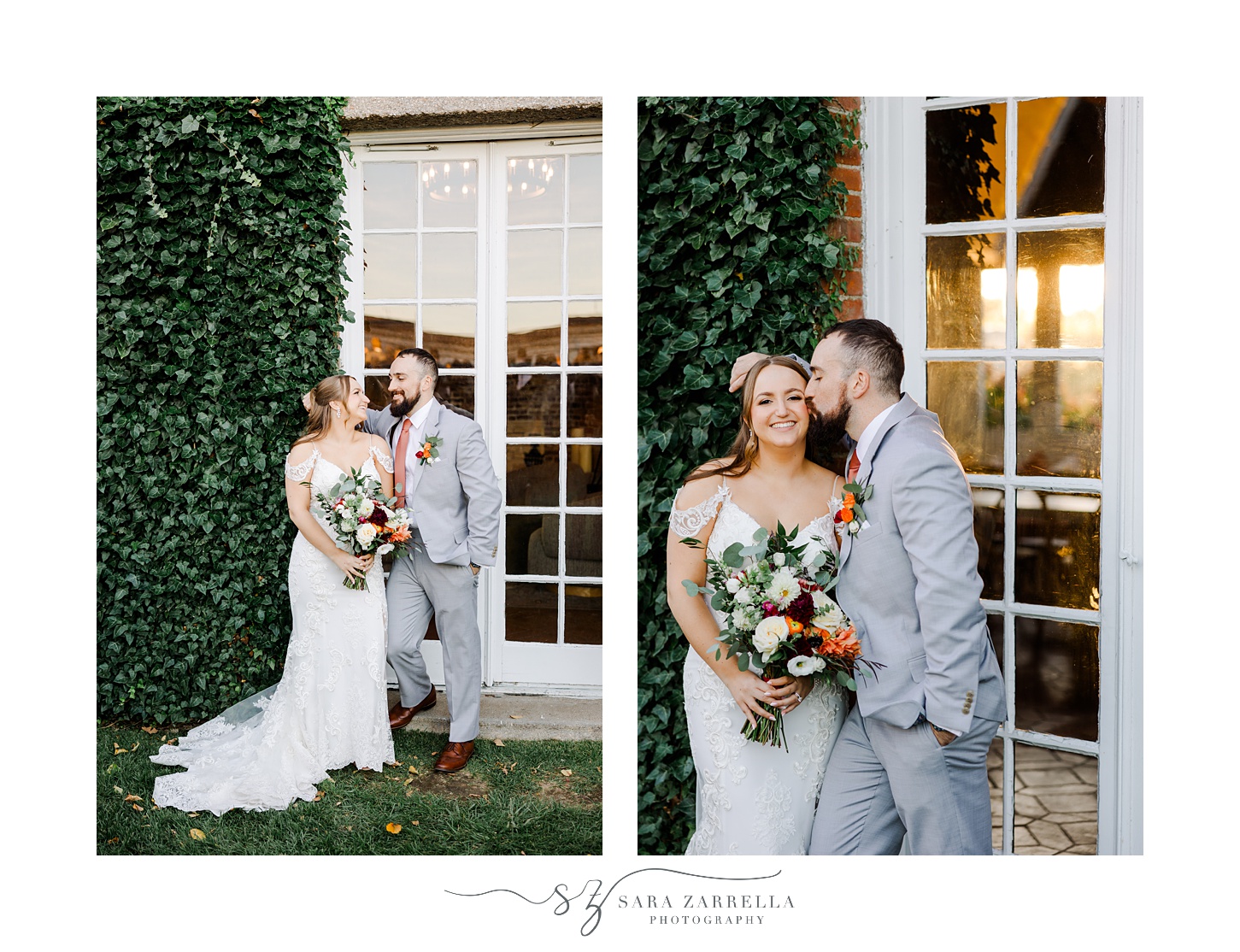 bride and groom hug next to ivy covered wall outside Shepard's Run