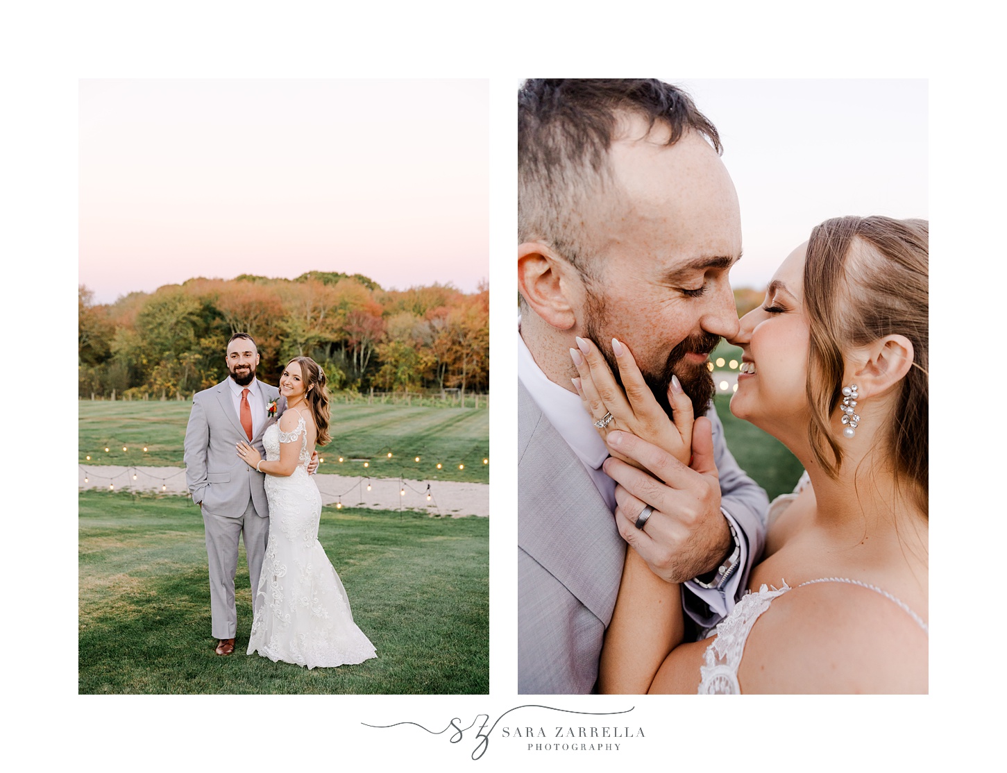 bride and groom hug on lawn outside Shepard's Run at sunset