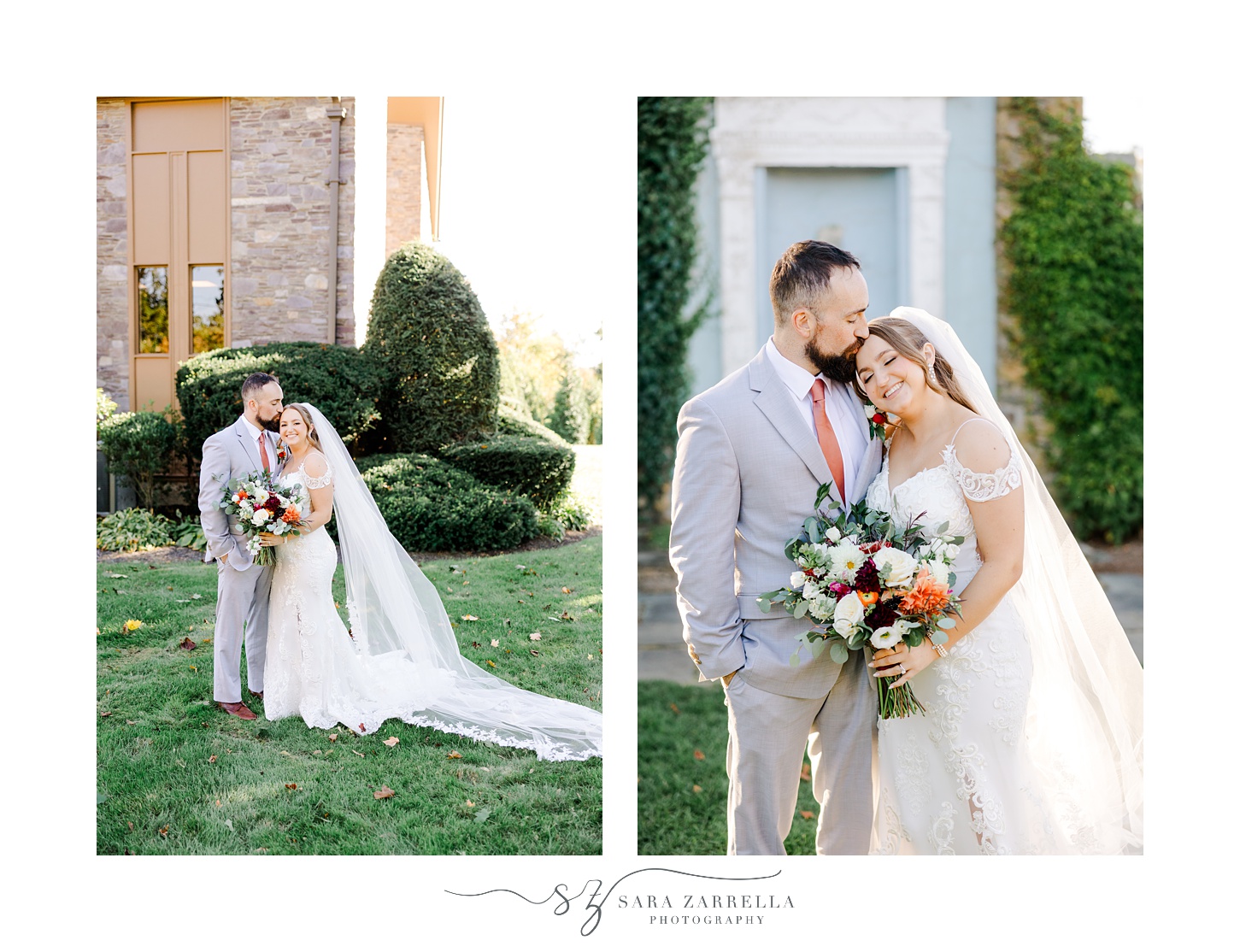bride and groom hug on lawn of Saint John Vianney Parish in Rhode Island