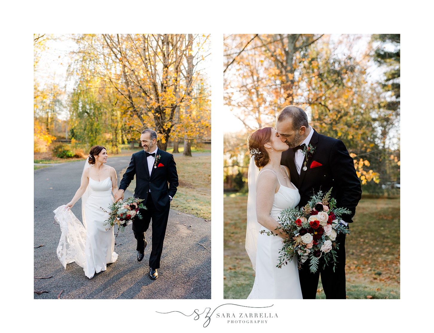 bride and groom kiss during fall wedding day at Quidnessett Country Club