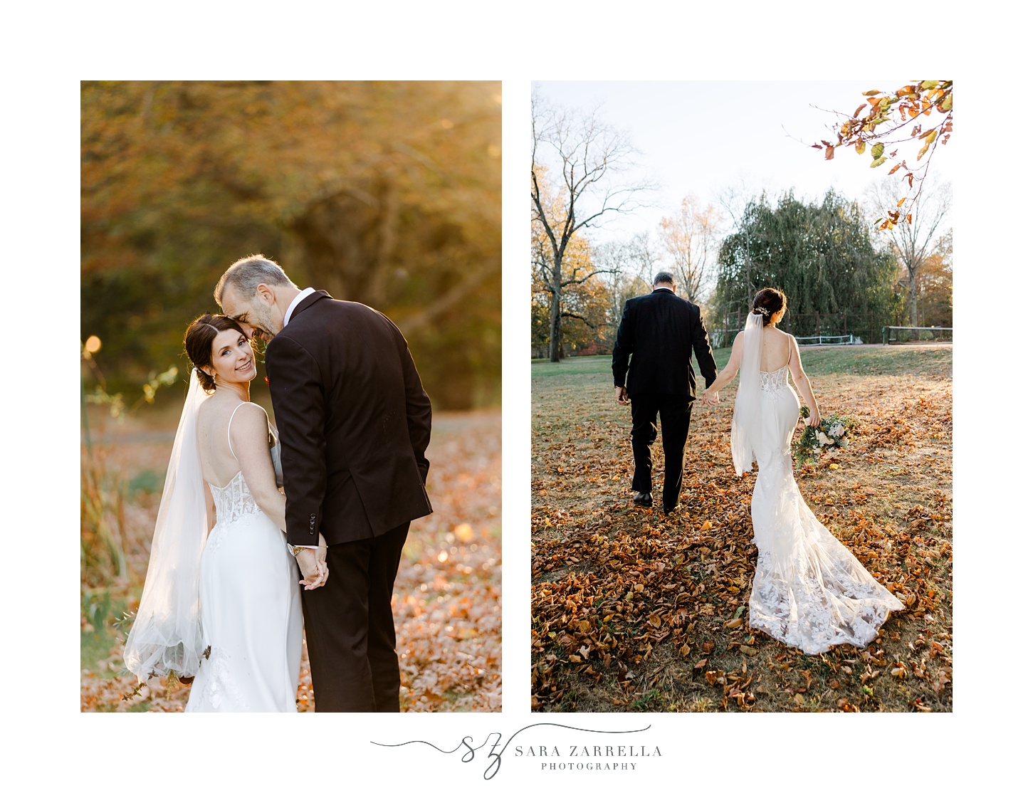 bride and groom hold hands walking across lawn at Quidnessett Country Club
