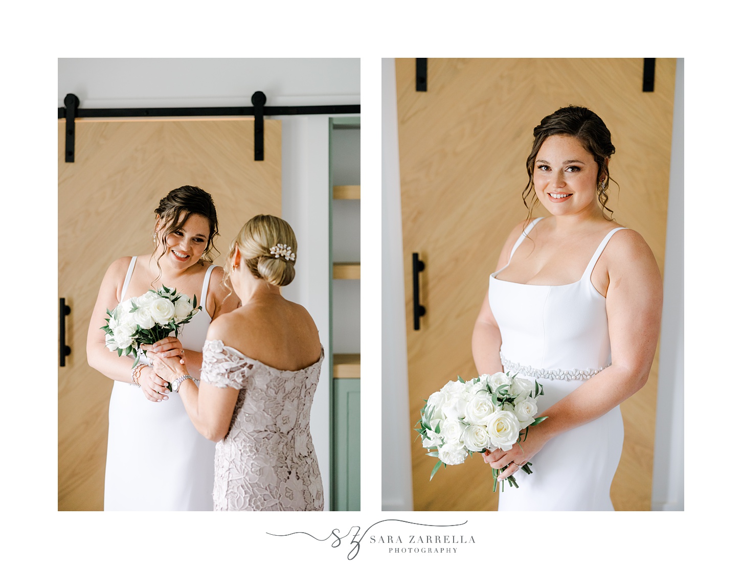 bride holds bouquet of white flowers in front of wooden door at Shepard's Run