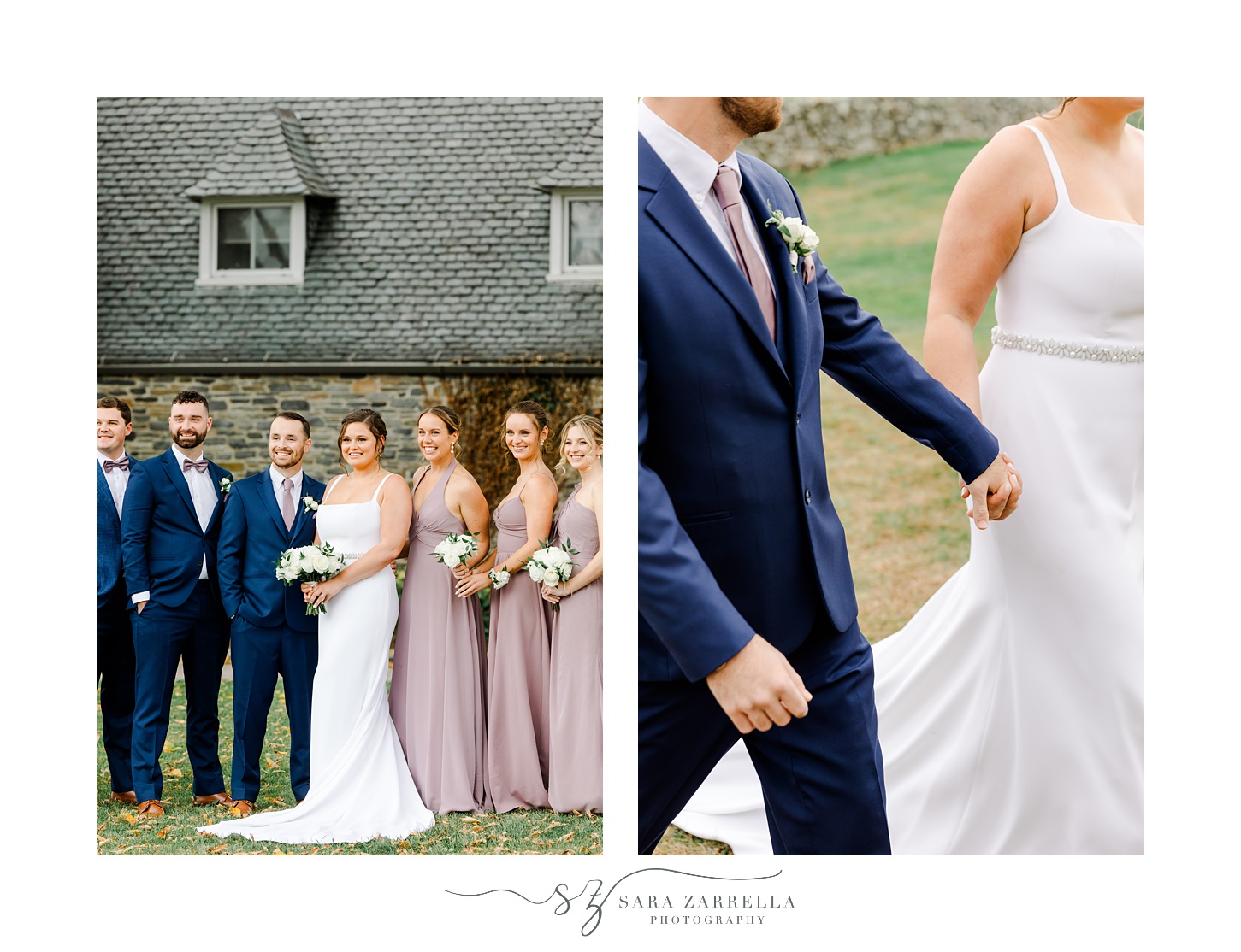 bride and groom hold hands walking on lawn