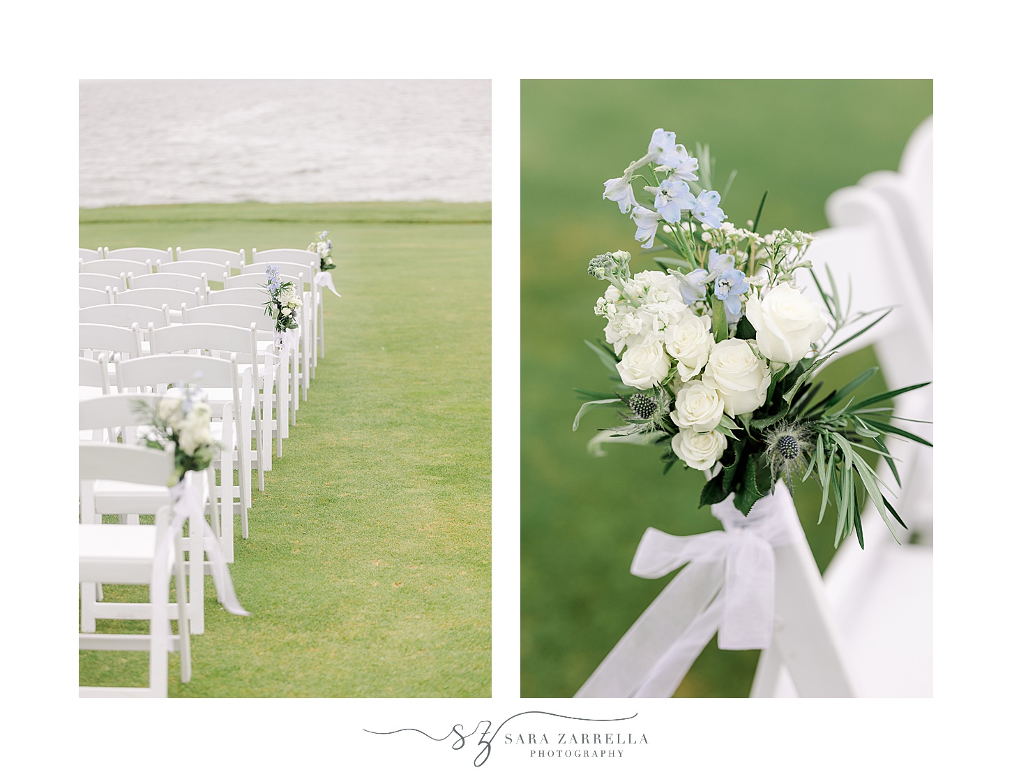 white chairs with white roses tied to the end for coastal wedding ceremony at Warwick Country Club