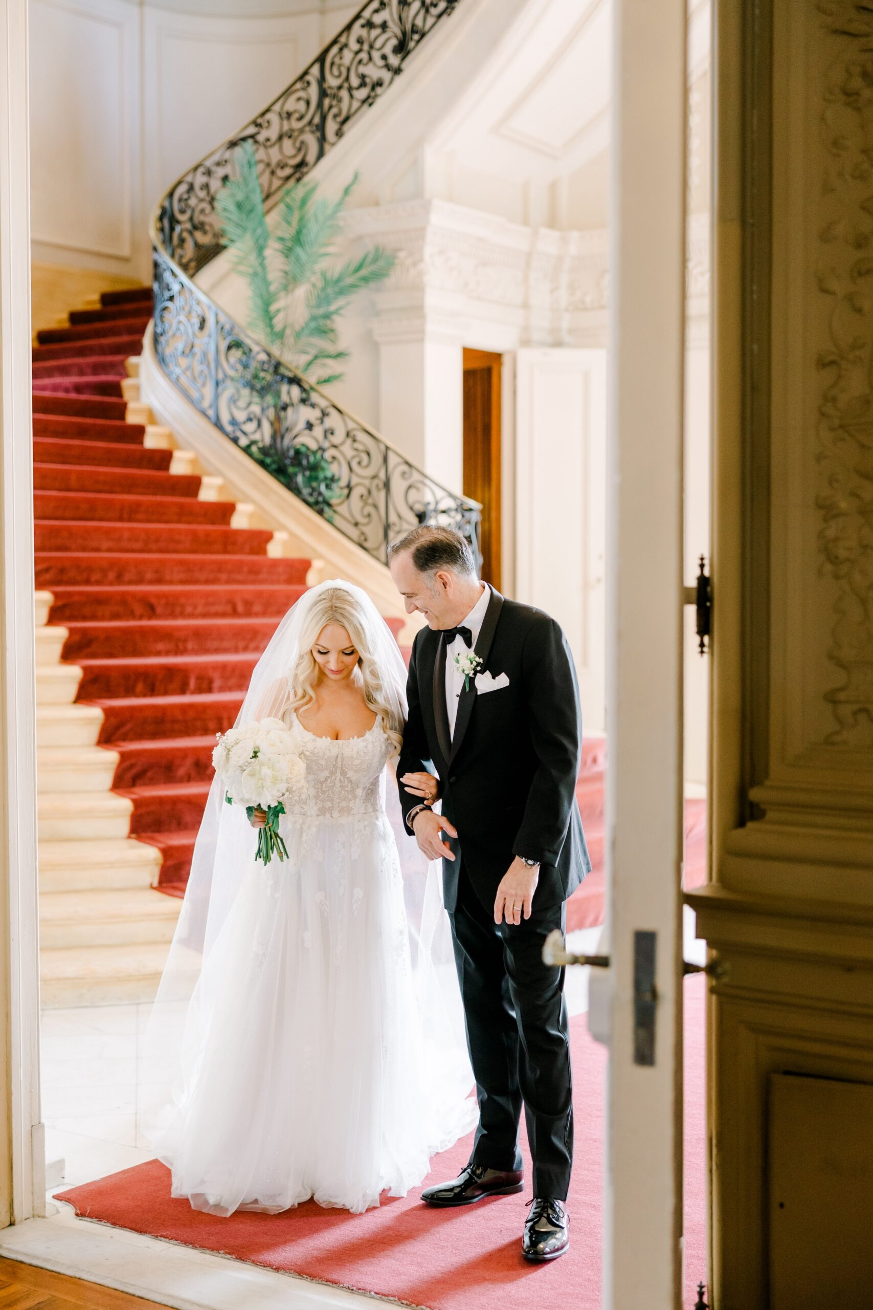 Wedding Portraits on Staircase at Rosecliff Mansion