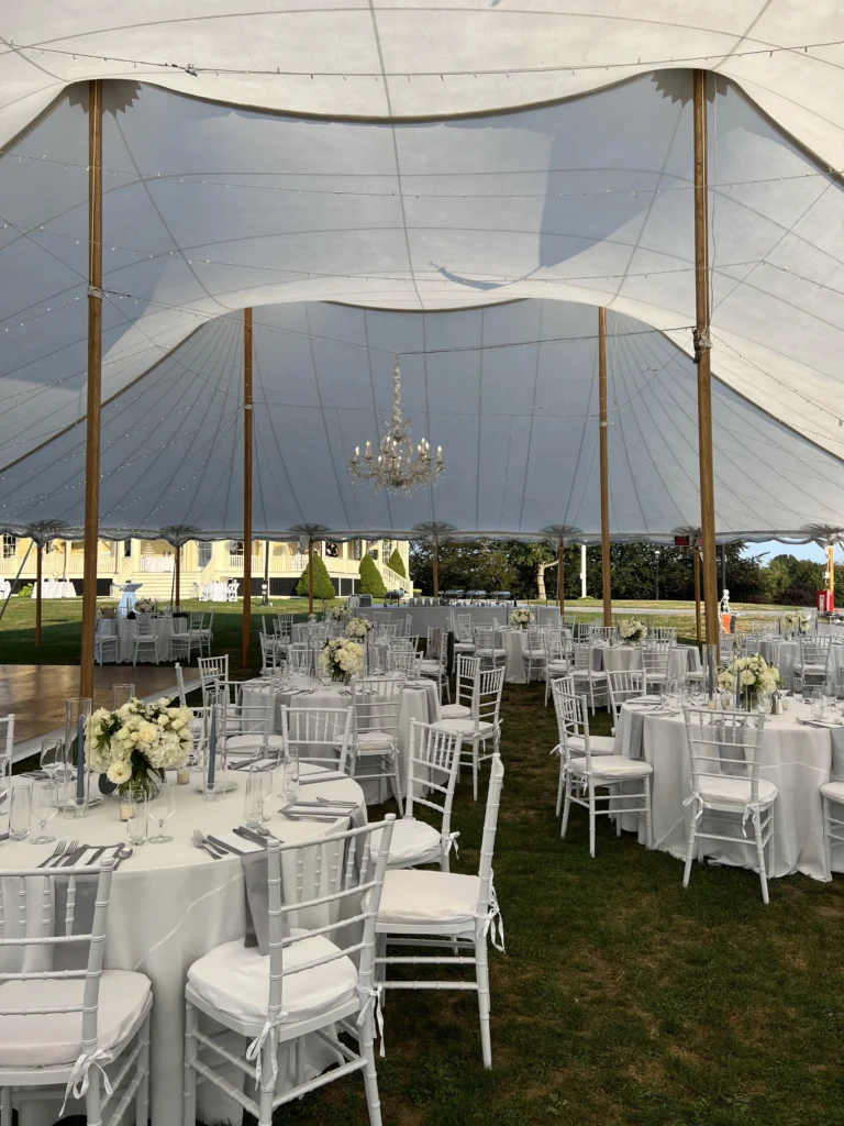 Wedding reception outdoors with tent set up. Wedding Planning Podcast. Rhode Island Wedding 